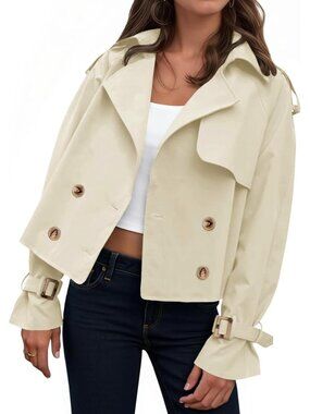 Women's Beige Oversized Double Breasted Lapel Long Sleeve Cropped Trench Coat